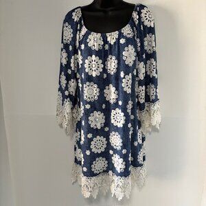 Honeyme Curvy Blue White Dress 2XL Crochet Lace Trim Boho Chic Romantic Feminine